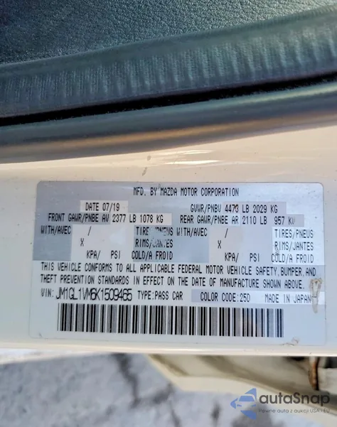 2019 Mazda 6 Touring from USA, damaged, VIN JM1GL1VM6K1509465